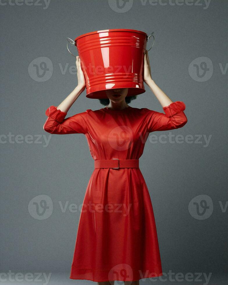 Vintage woman beauty dress lady bucket concept fashionable standing art red photo