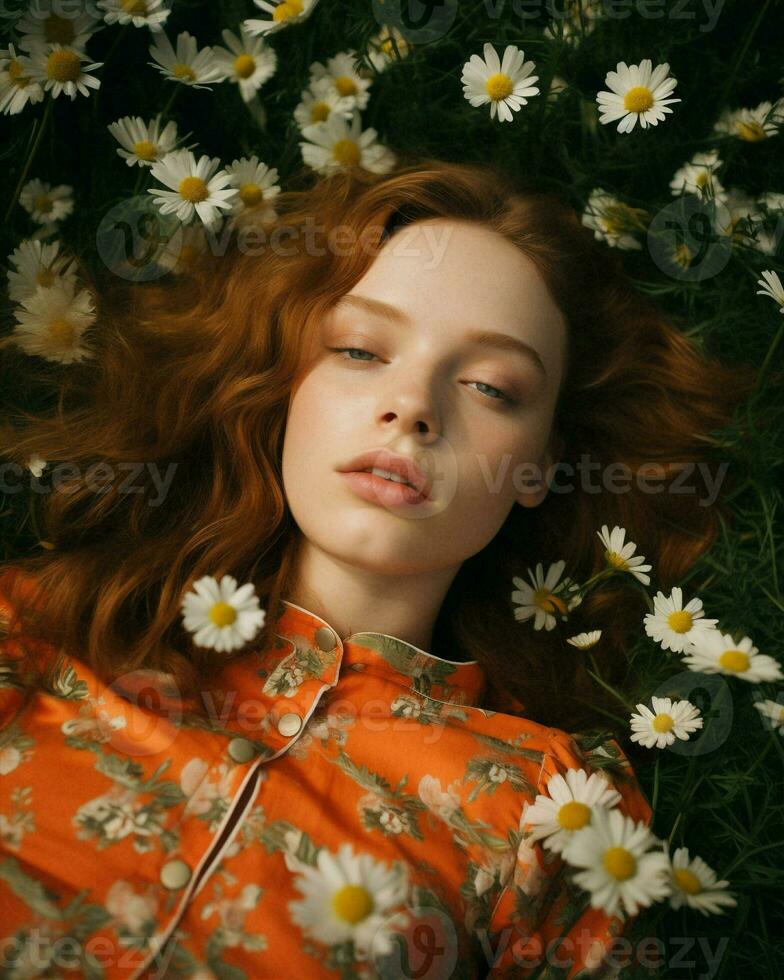 Charming woman cute hair spring young pretty camomile portrait beauty model trendy redhead photo