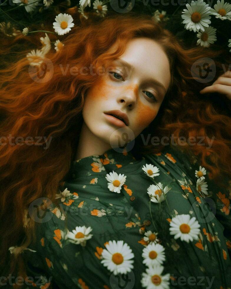 Woman pretty spring redhead bright portrait camomile beauty trendy young lady model photo