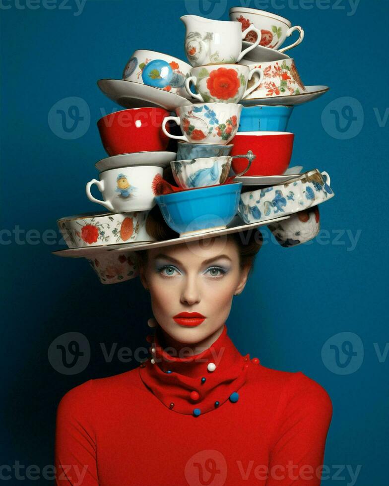 Woman posing retro attractive hot drink vintage blue cup fashion portrait beauty red photo