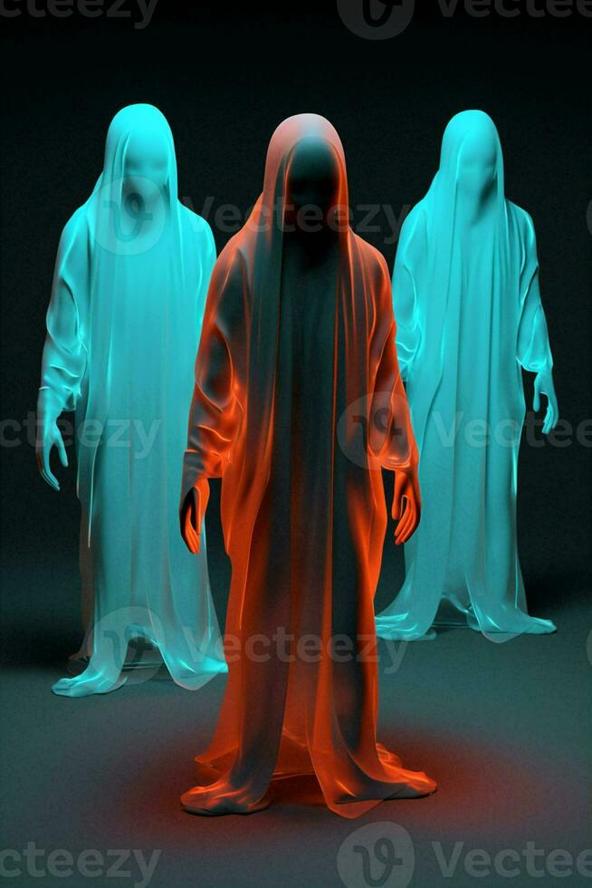 Fear ghost dark terrible ghostly white spooky neon background halloween horror night costume photo