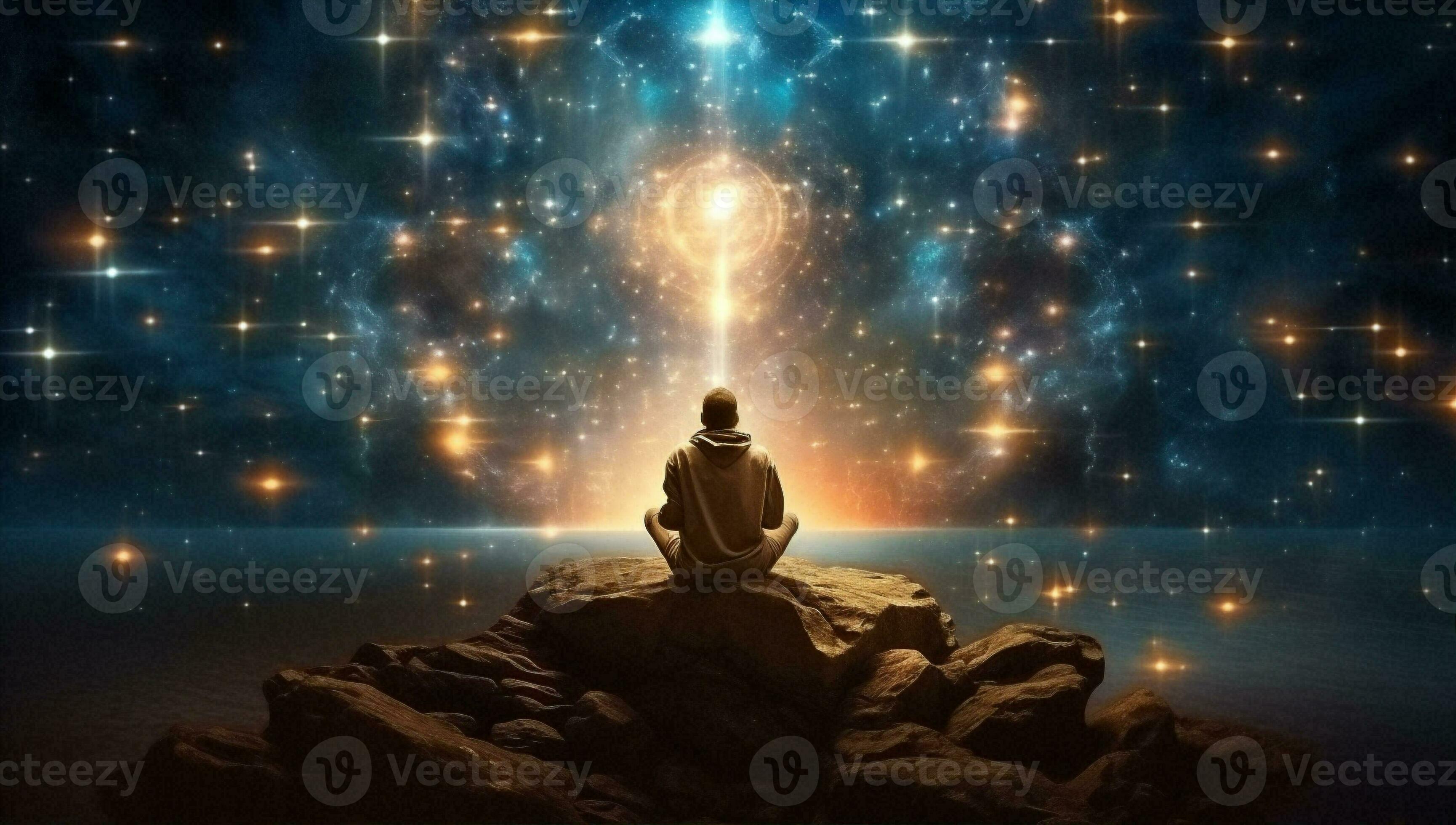 Human meditating buddhism zen universe lotus spirituality light