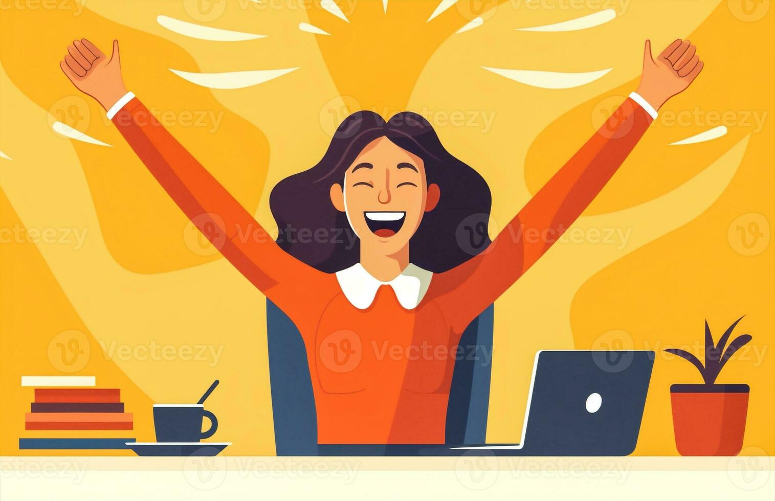 happy woman home computer laptop achievement business winner work smile student. Generative AI. photo