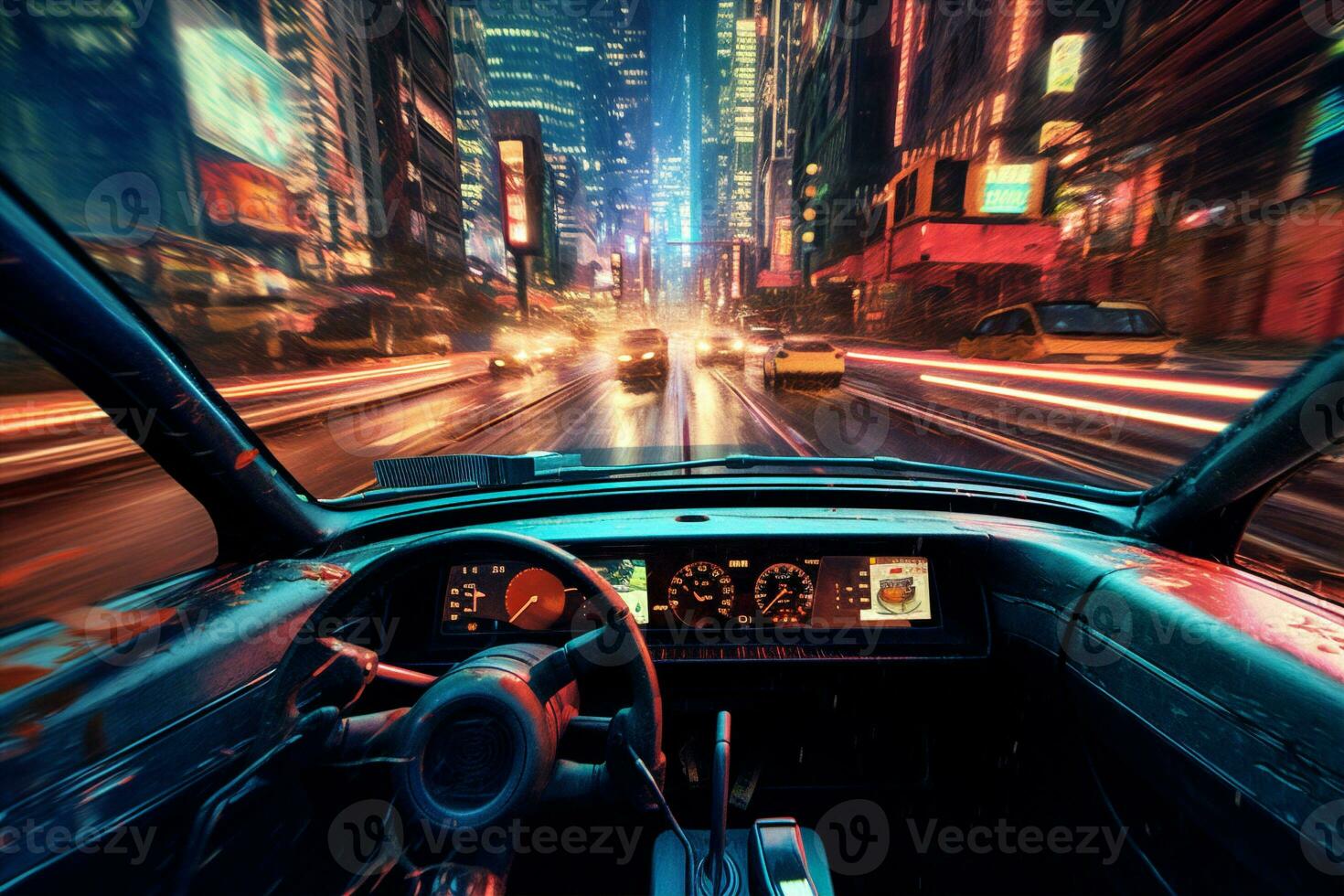 motion street city speed road night traffic highway driving car. Generative AI. photo