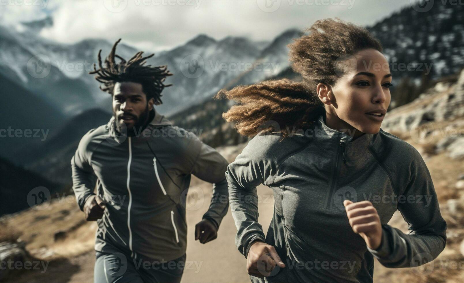 autumn woman man nature run workout sports fitness couple jogging outdoors fit. Generative AI. photo