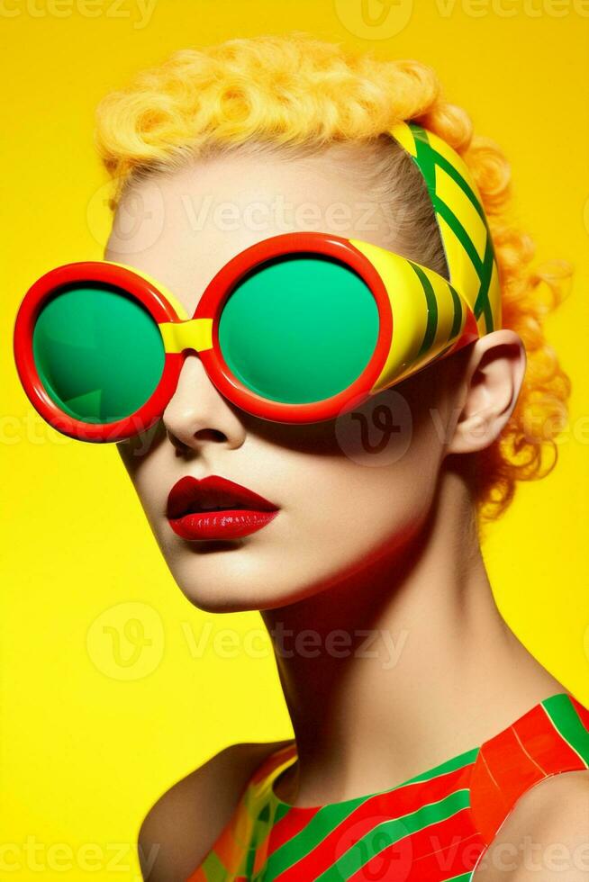 Color woman young neon trendy attractive beauty lipstick pink hipster yellow sunglasses fashionable photo