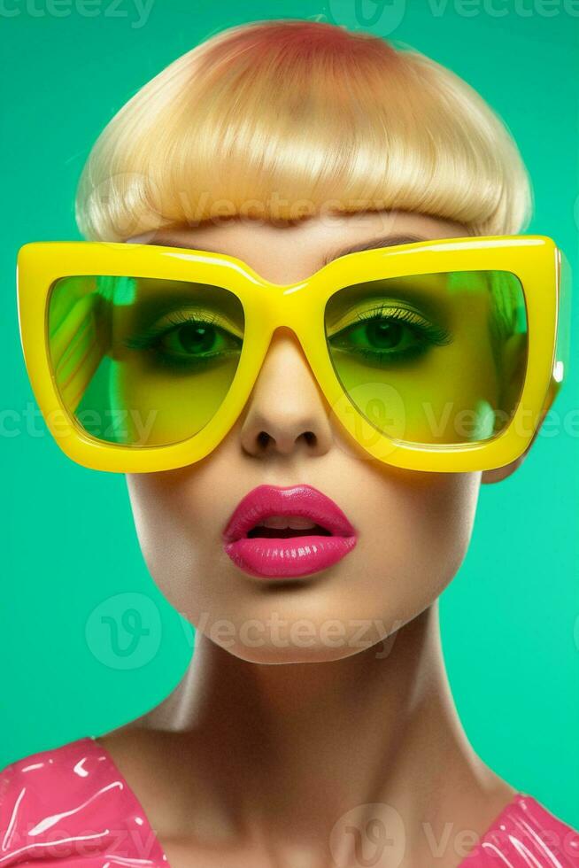 Yellow woman beauty sunglasses trendy hipster fashionable pink color hair neon photo