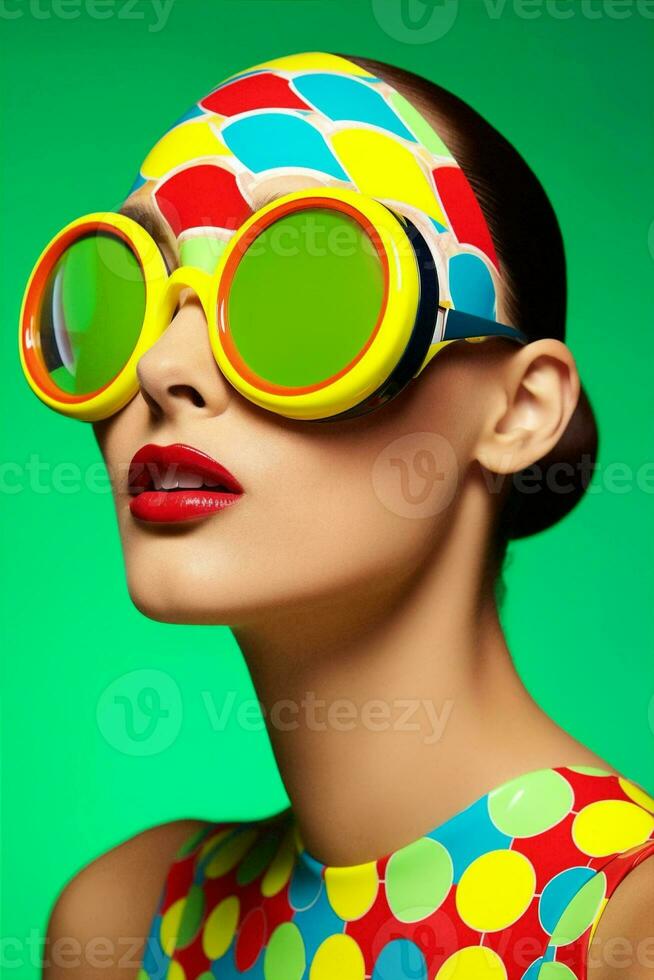 Beauty woman young background female yellow trendy neon person pink sunglasses hipster color fashionable photo