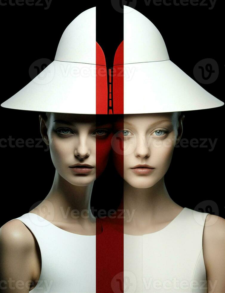 Red art beauty white hat attractive women black fashion colorful young long photo