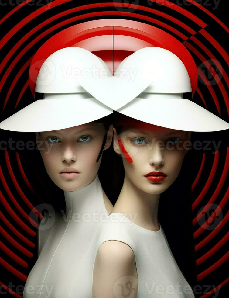 Attractive art fashion red two women colorful cute beauty black hat brunette white photo