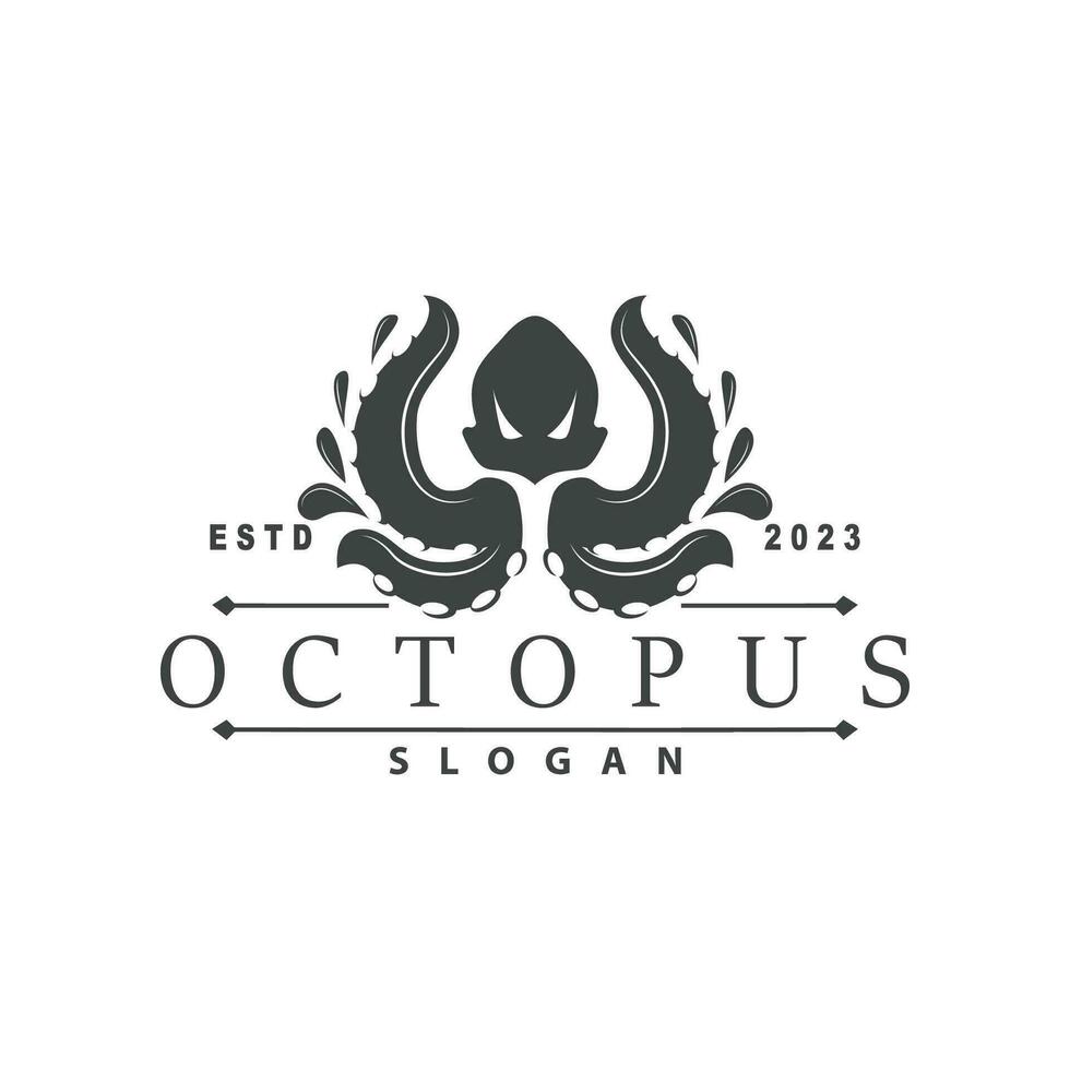 Octopus Logo, Old Retro Vintage Design Ocean Animal Vector Tentacle Illustration Template