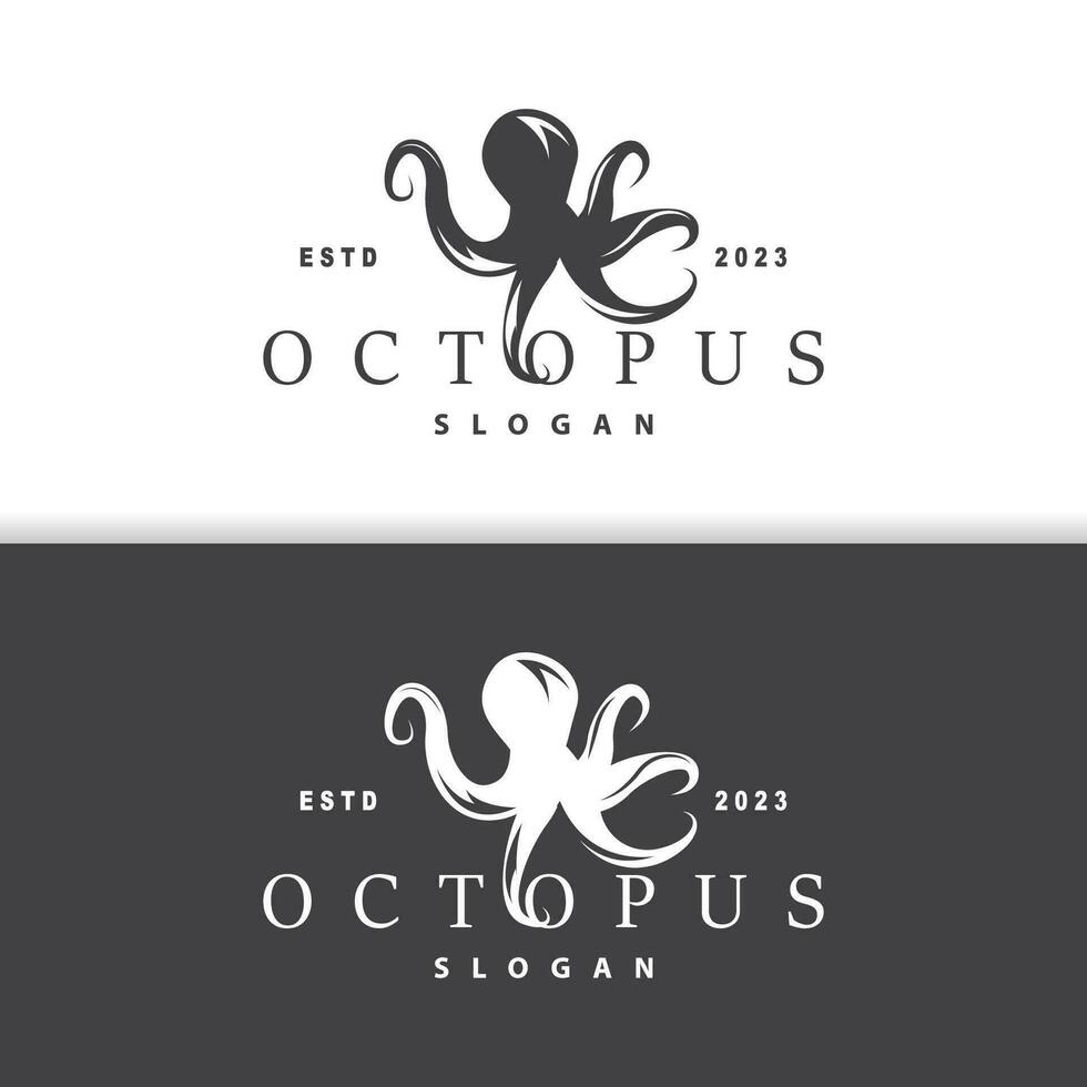 Octopus Logo, Old Retro Vintage Design Ocean Animal Vector Tentacle Illustration Template