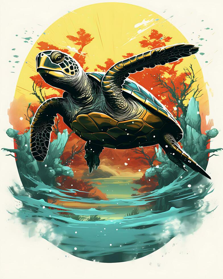 A Turtle Flying in the Water Enchanted River Bank Art illustration Vector Background photo