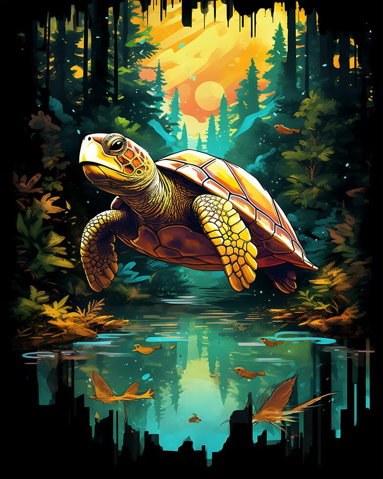 A Turtle Flying in the Water Enchanted River Bank Art illustration Vector Background photo