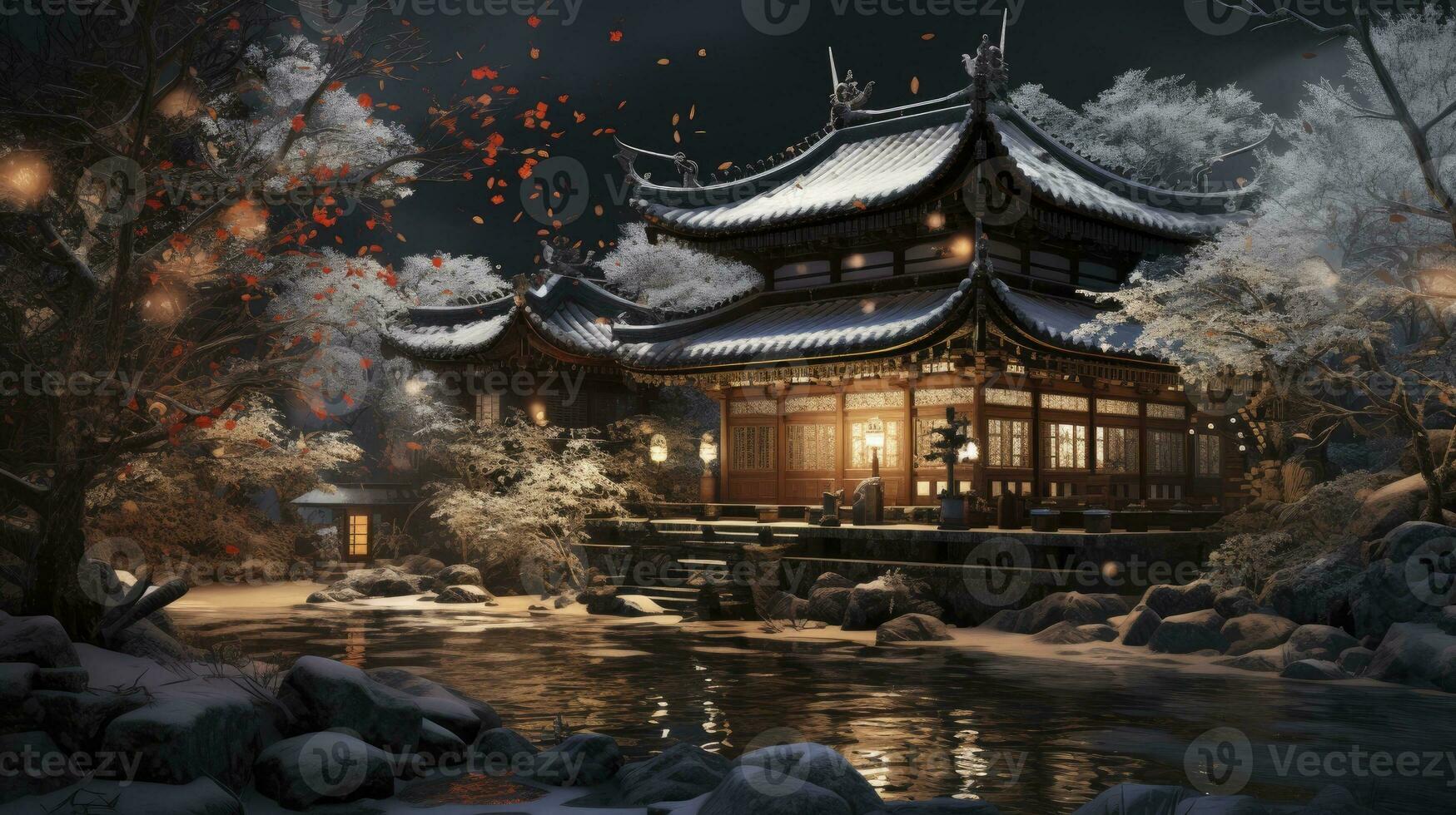 un tranquilo japonés templo jardín, Roca linternas iluminado y adornado con festivo decoraciones foto