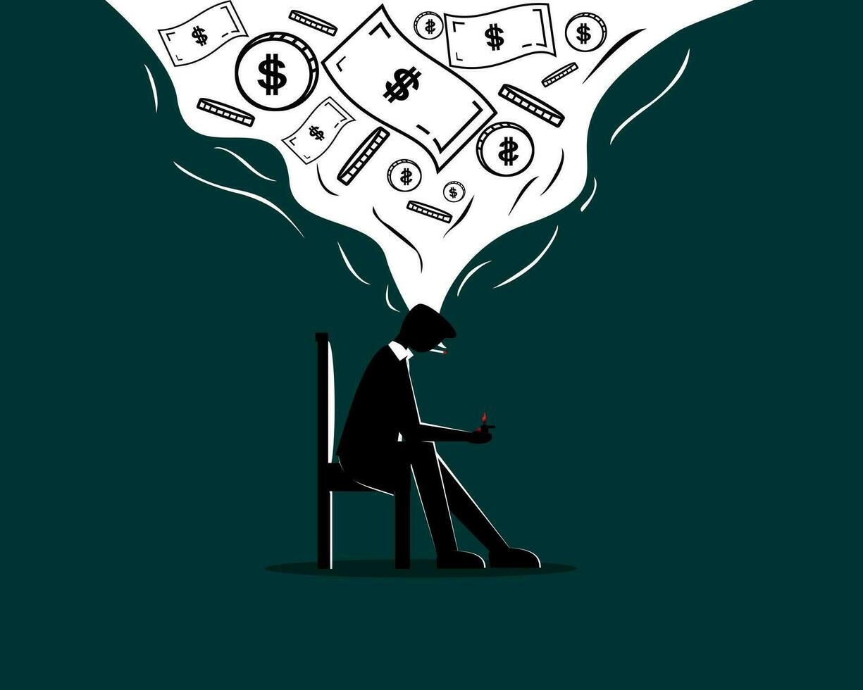 Silhouette person smoke cigarettes, thinking about financial vector
