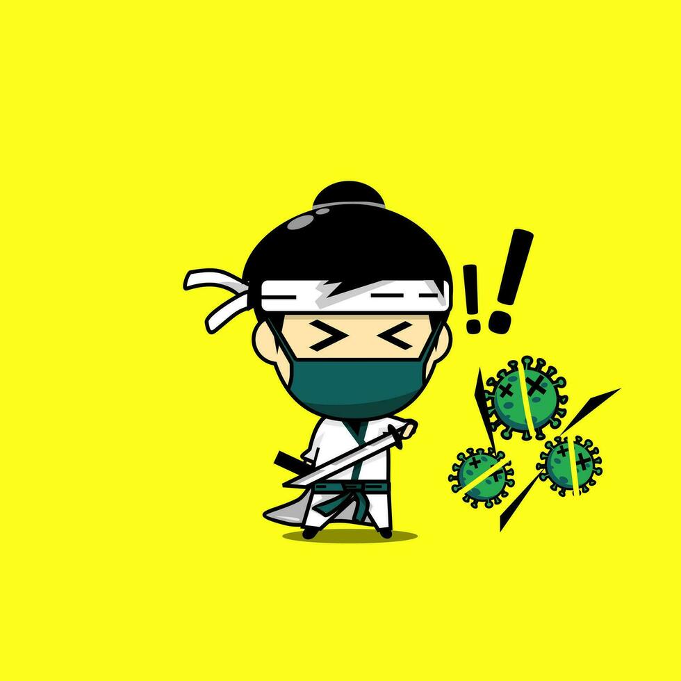Cute samurai character wearing facemask cut virus vector