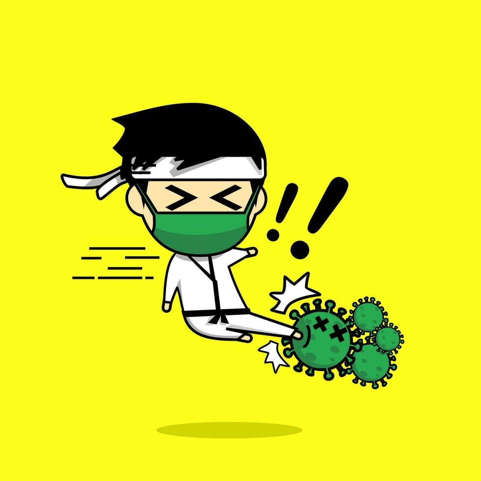 Cute karate character flying kick virus vector