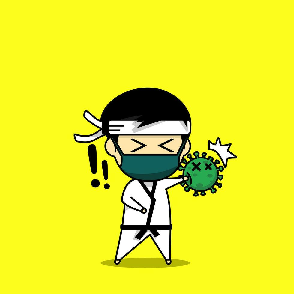 Cute karate character punch and hit virus vector