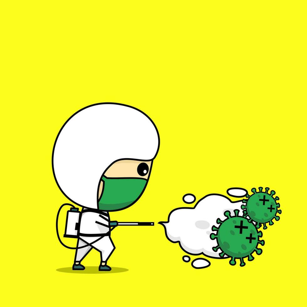 Cute character wearing hazmat spraying disinfectant vector