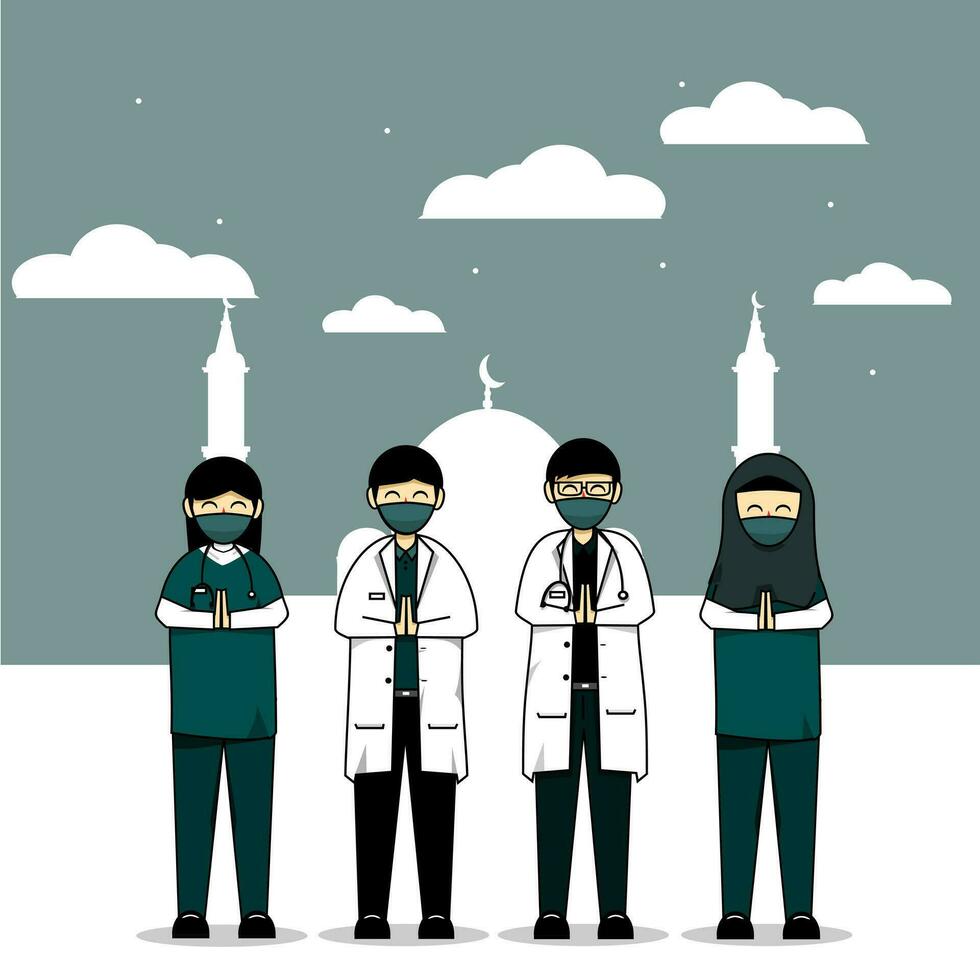 Doctor and nurse wearing mask celebrating Ramadan Kareem vector