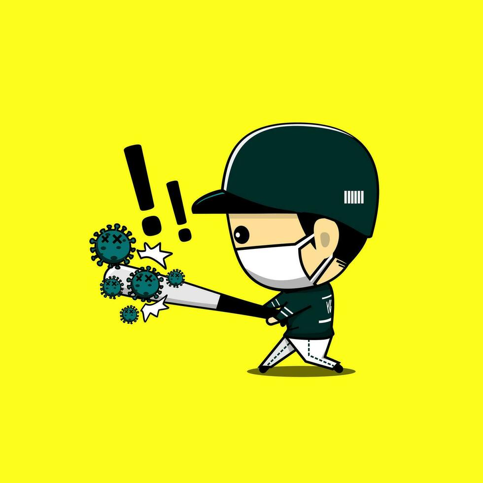 Cute baseball player character wearing medical mask hit virus vector