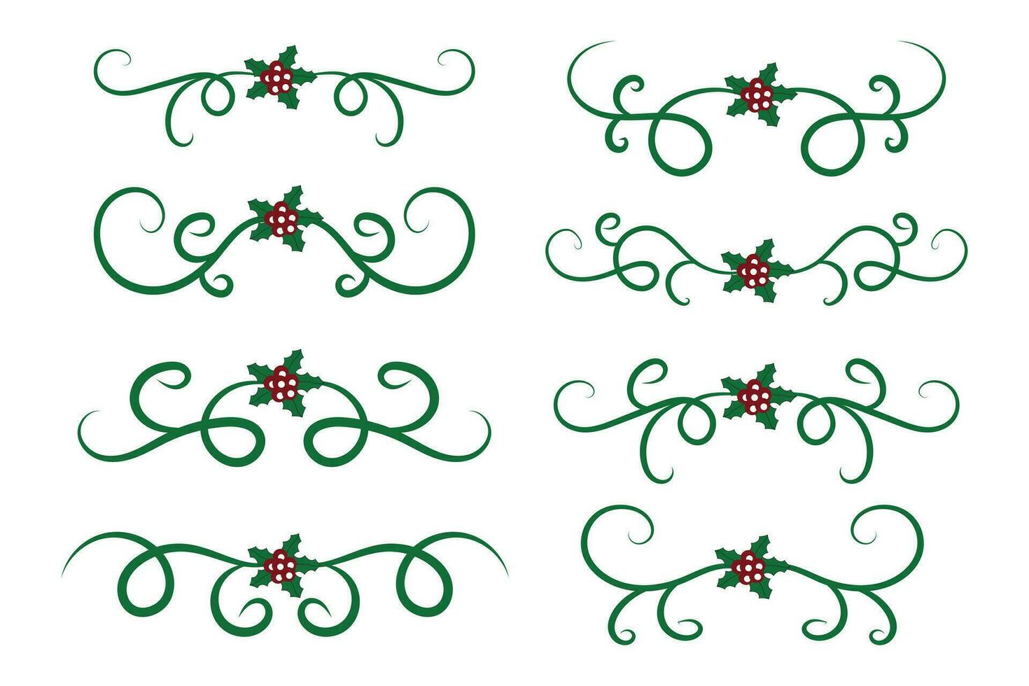 Christmas Flourishes Swirls dividers lines Decorative Elements, Vintage Calligraphy Scroll Merry Christmas text divider filigree elegant, Winter Holly headers fancy separator green page decor vector