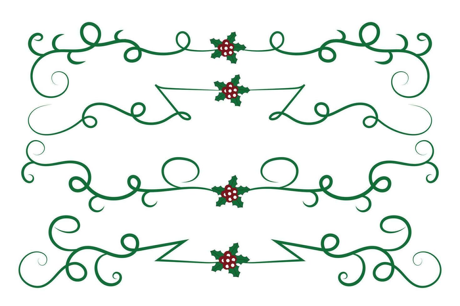 Navidad florece remolinos divisores líneas decorativo elementos, Clásico caligrafía Desplazarse alegre Navidad texto divisor filigrana elegante, invierno acebo encabezados lujoso separador verde página decoración vector