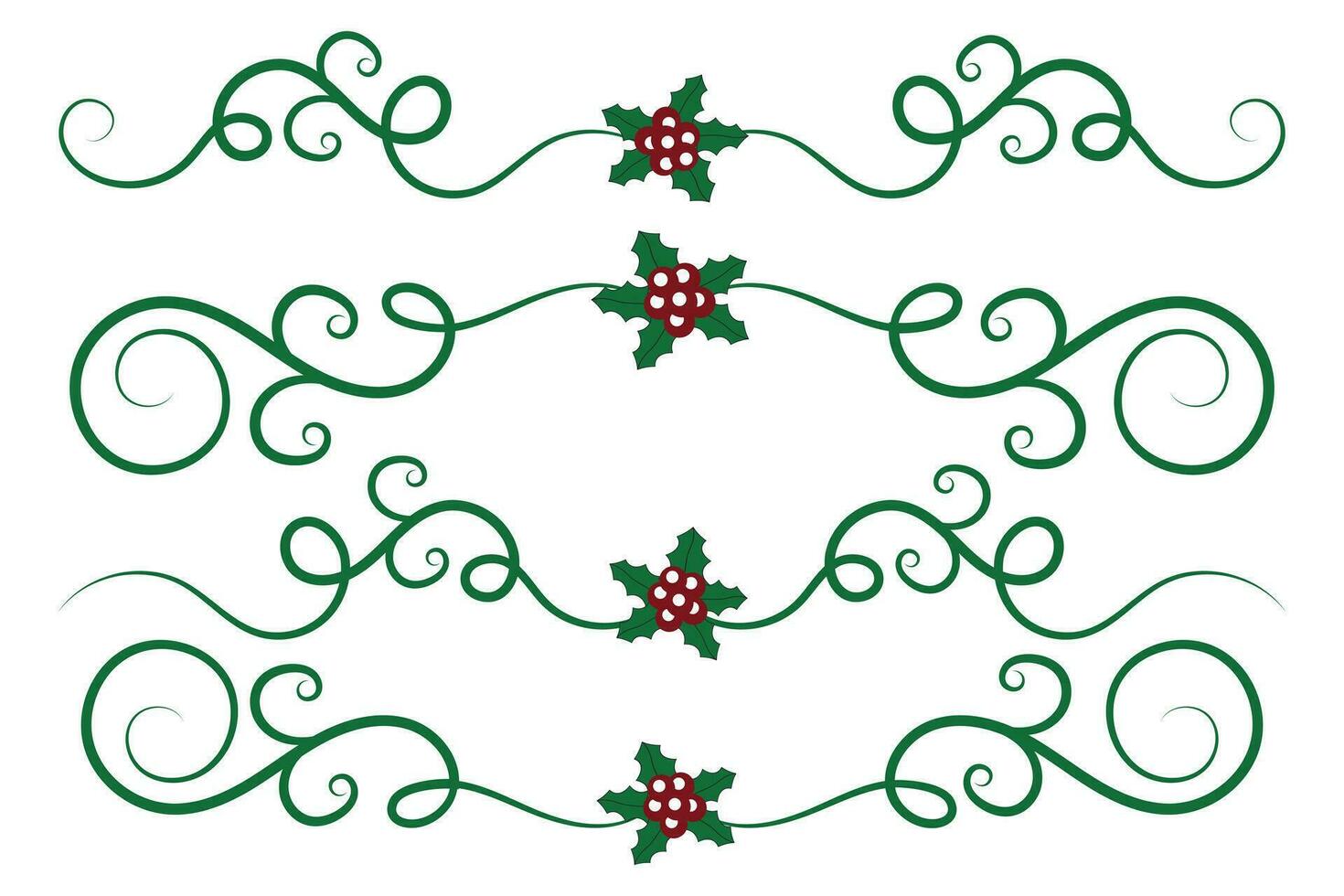 Christmas Flourishes Swirls dividers lines Decorative Elements, Vintage Calligraphy Scroll Merry Christmas text divider filigree elegant, Winter Holly headers fancy separator green page decor vector