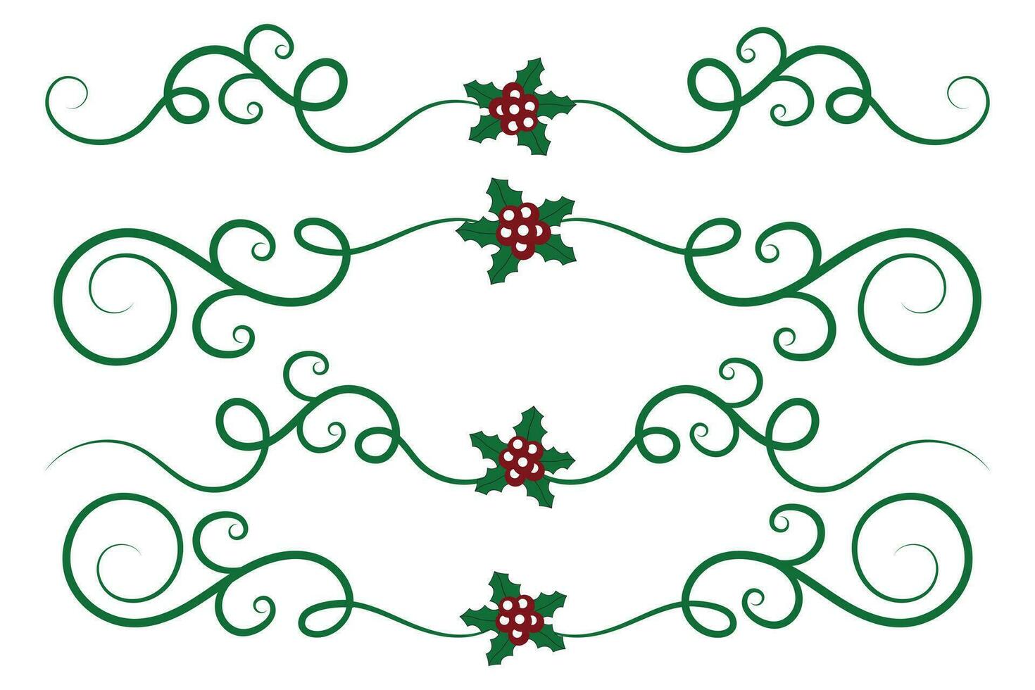 Navidad florece remolinos divisores líneas decorativo elementos, Clásico caligrafía Desplazarse alegre Navidad texto divisor filigrana elegante, invierno acebo encabezados lujoso separador verde página decoración vector