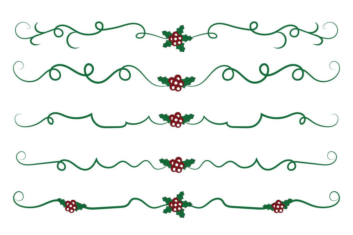 Christmas Flourishes Swirls dividers lines Decorative Elements, Vintage Calligraphy Scroll Merry Christmas text divider filigree elegant, Winter Holly headers fancy separator green page decor vector