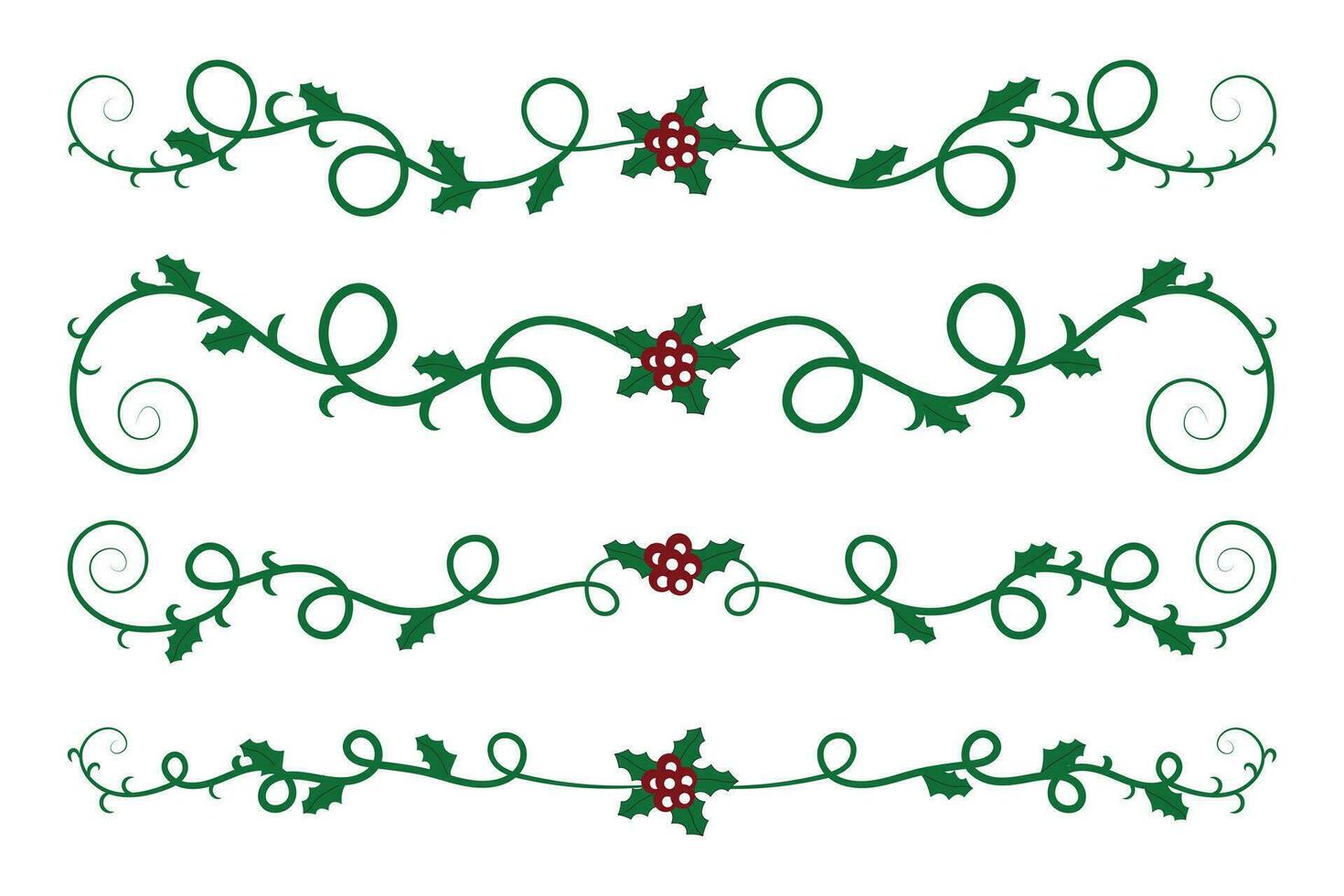 Navidad florece remolinos divisores líneas decorativo elementos, Clásico caligrafía Desplazarse alegre Navidad texto divisor filigrana elegante, invierno acebo encabezados lujoso separador verde página decoración vector