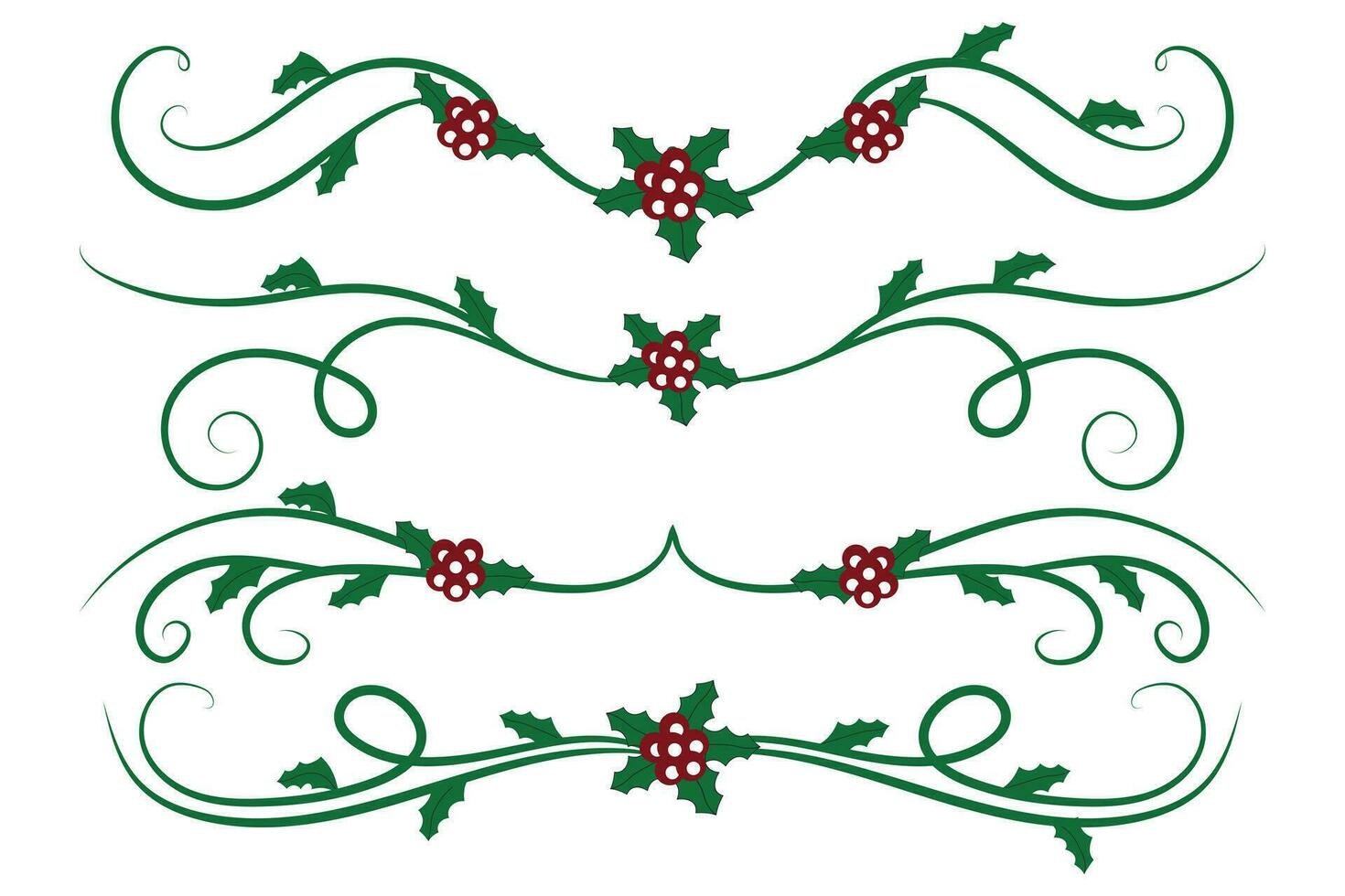 Christmas Flourishes Swirls dividers lines Decorative Elements, Vintage Calligraphy Scroll Merry Christmas text divider filigree elegant, Winter Holly headers fancy separator green page decor vector