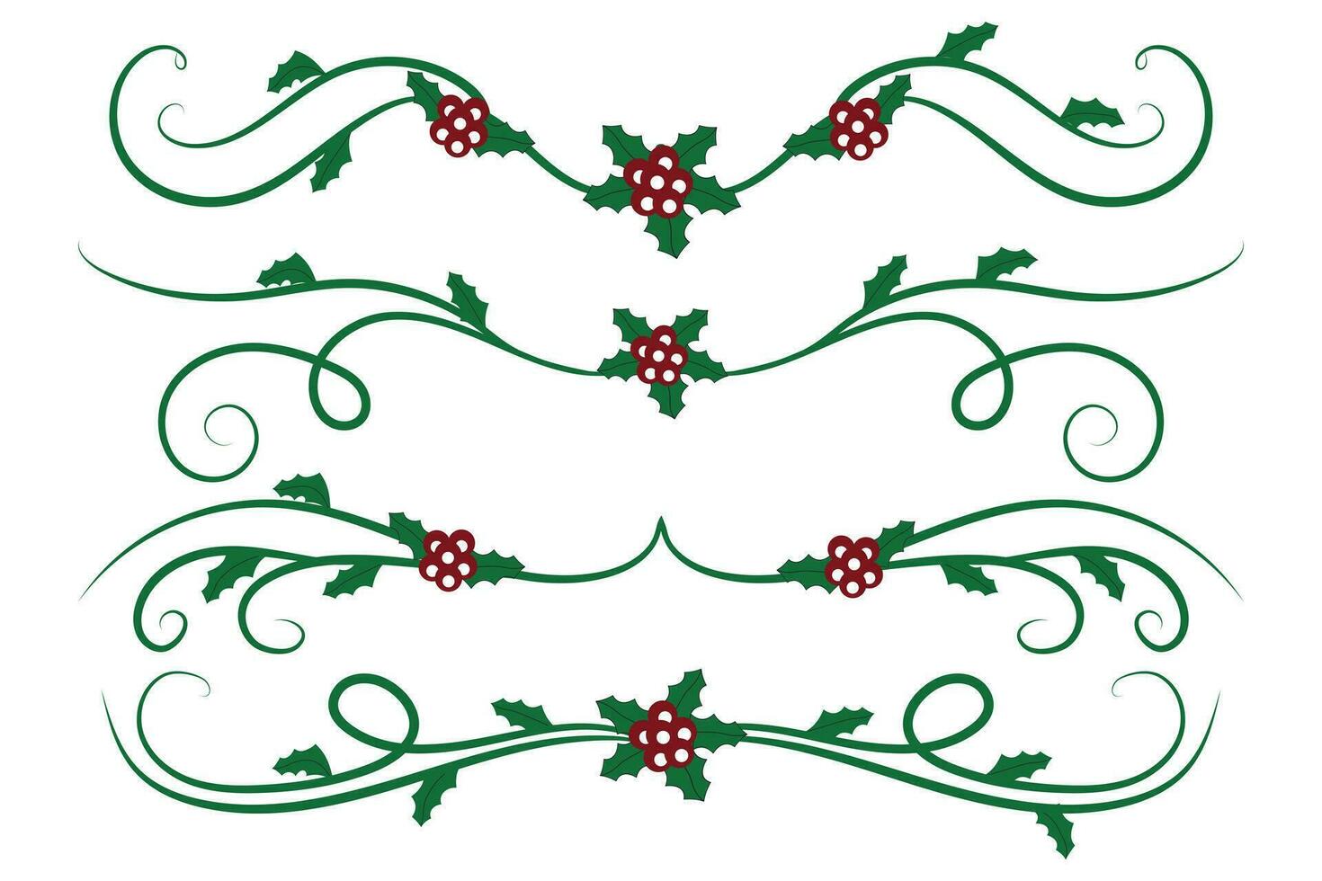 Navidad florece remolinos divisores líneas decorativo elementos, Clásico caligrafía Desplazarse alegre Navidad texto divisor filigrana elegante, invierno acebo encabezados lujoso separador verde página decoración vector