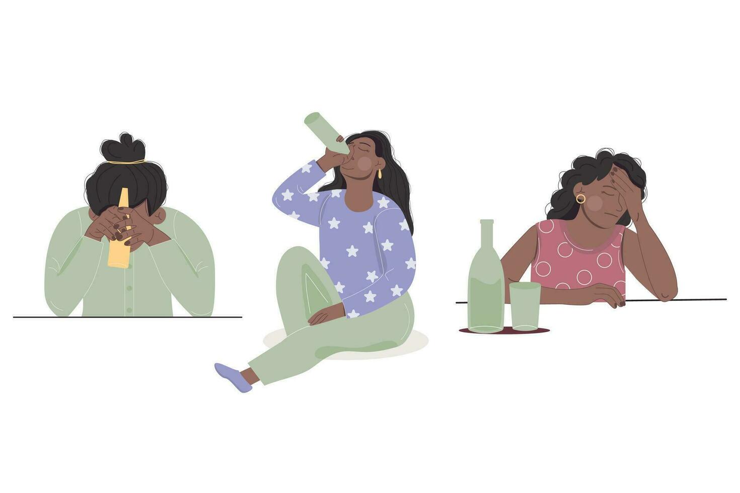 hembra alcoholismo concepto africano americano mujer sentado con botella de alcohol. vector