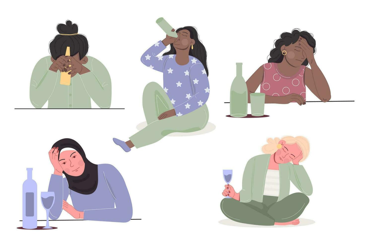 Female alcoholism concept African American, hijab woman sitting with bottle of alcohol. vector
