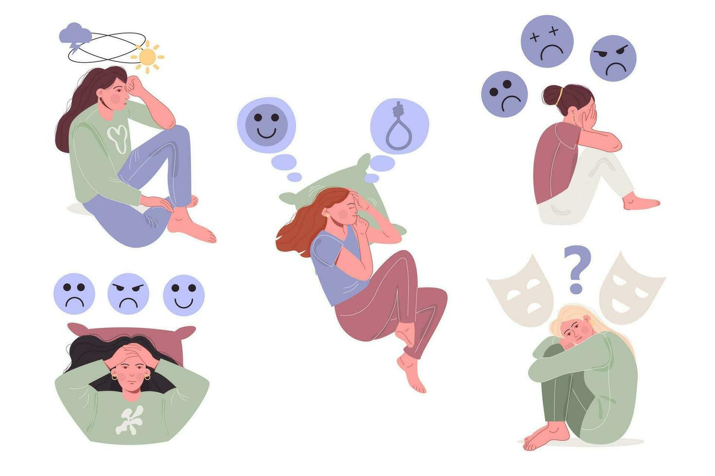 Different woman mental bipolar disorders concept vector