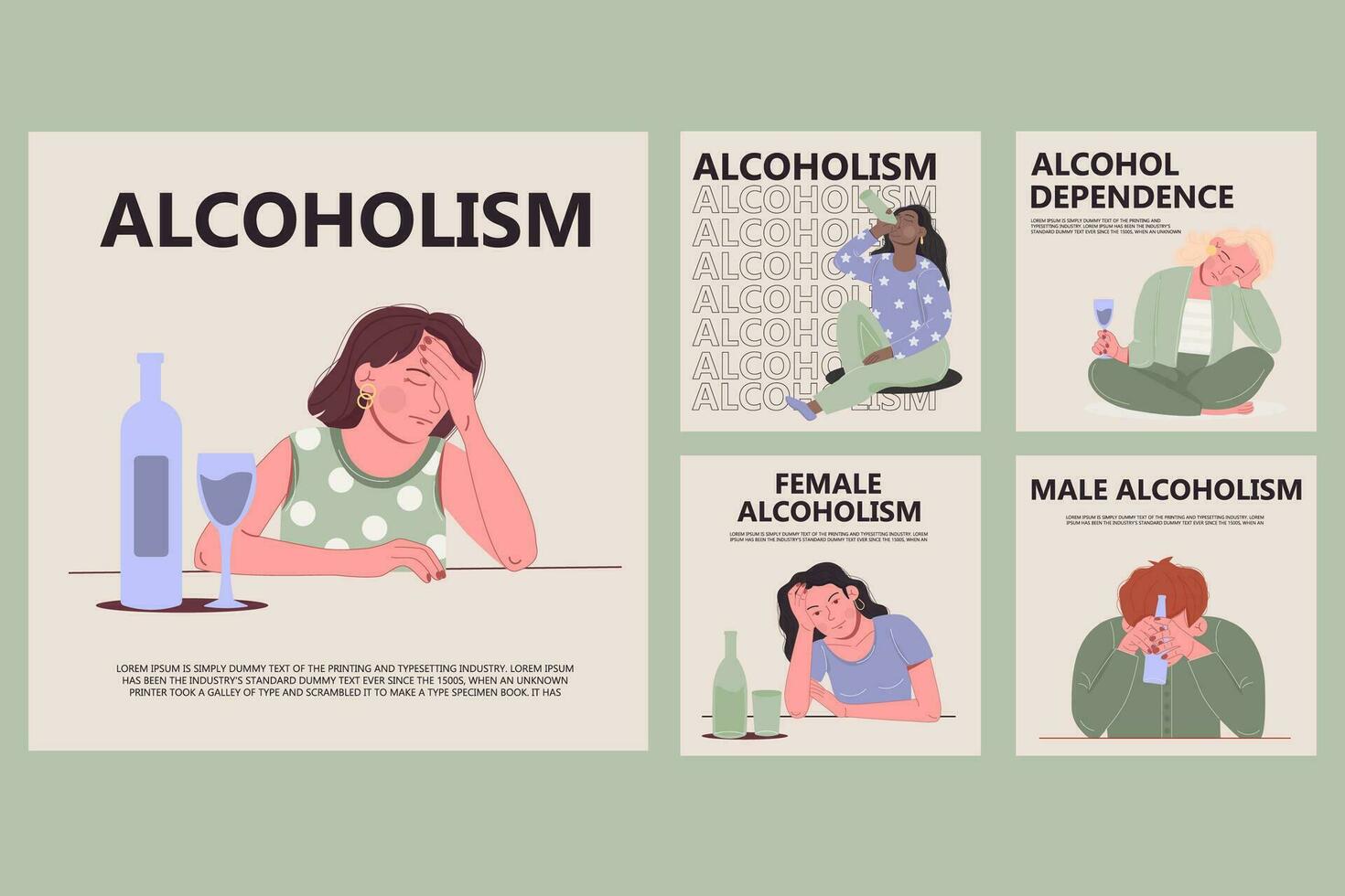 Flat style alcoholism social media collection. Instagram posts. International people vector