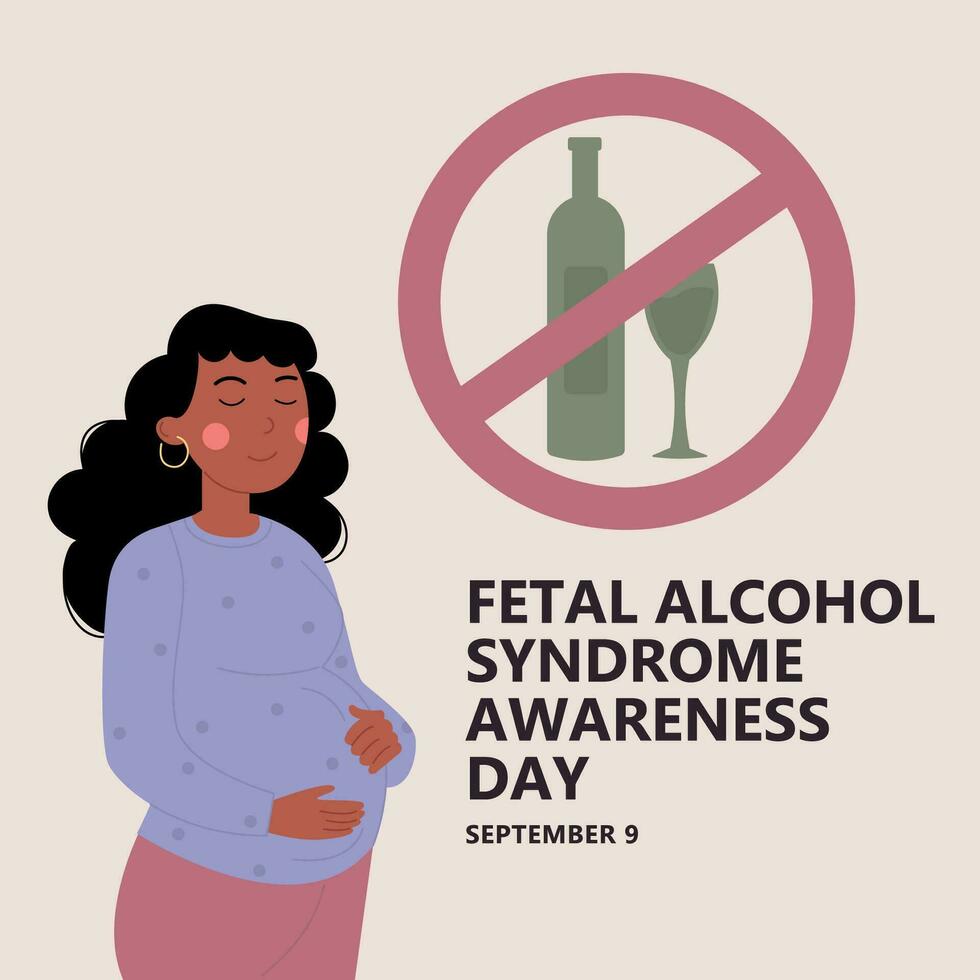 fetal alcohol síndrome conciencia día. embarazada africano americano mujer vector