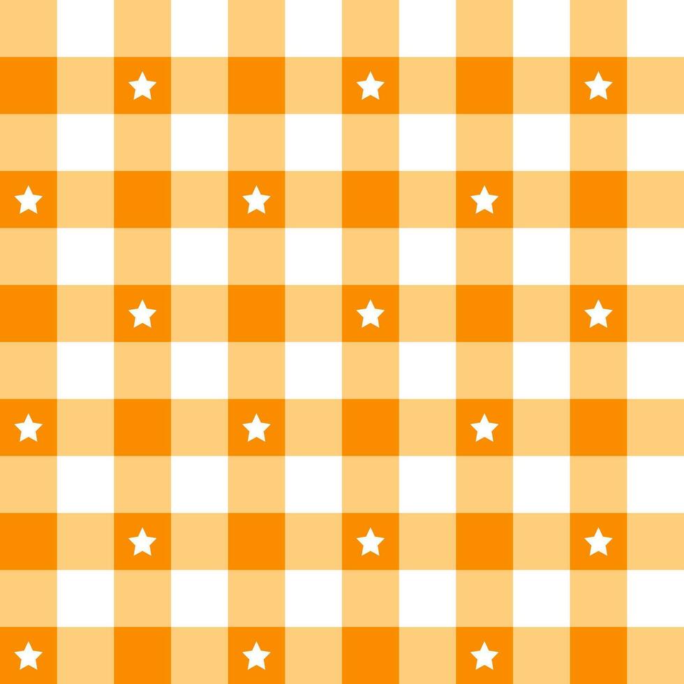 Orange plaid pattern with star background. plaid pattern background. plaid background. Seamless pattern. for backdrop, decoration, gift wrapping, gingham tablecloth, blanket, tartan. vector