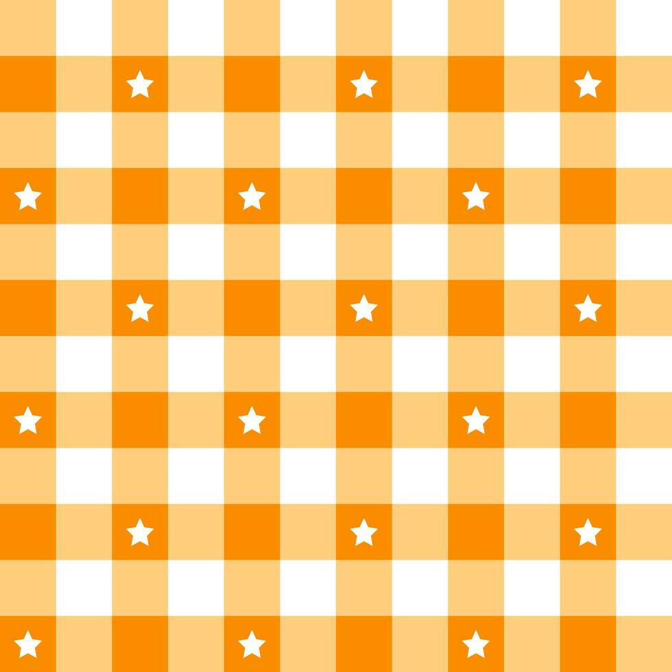 Orange plaid pattern with star background. plaid pattern background. plaid background. Seamless pattern. for backdrop, decoration, gift wrapping, gingham tablecloth, blanket, tartan. vector