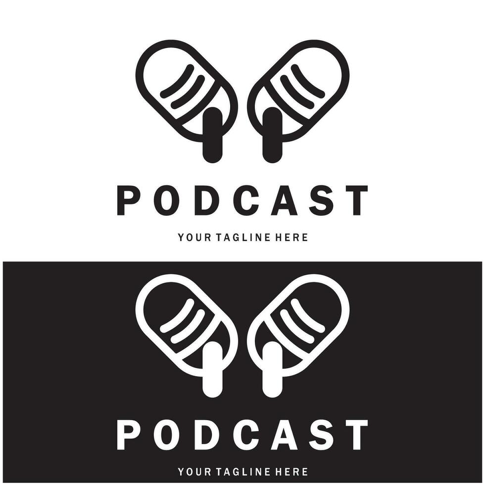 podcast logo with microphone and earphone audio, radio waves. for studio, talk show, chat, information sharing, interview, multimedia and web. vector