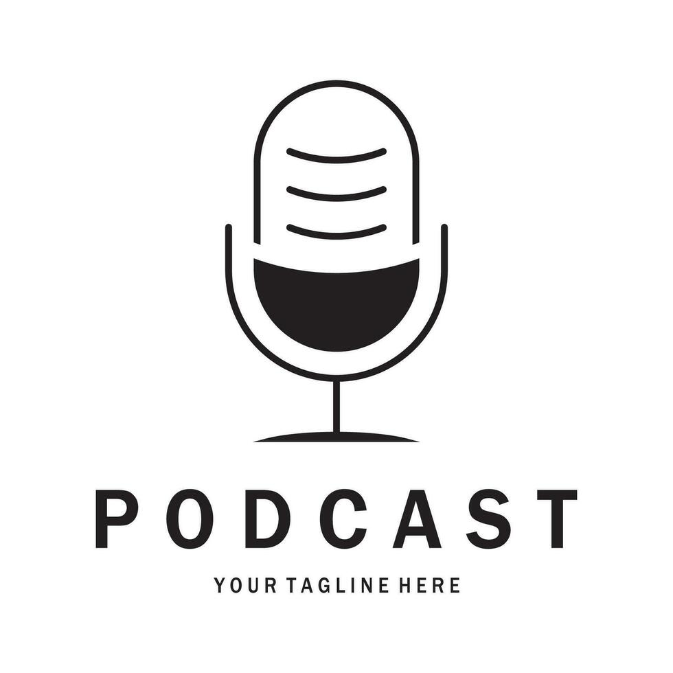 podcast logo with microphone and earphone audio, radio waves. for studio, talk show, chat, information sharing, interview, multimedia and web. vector
