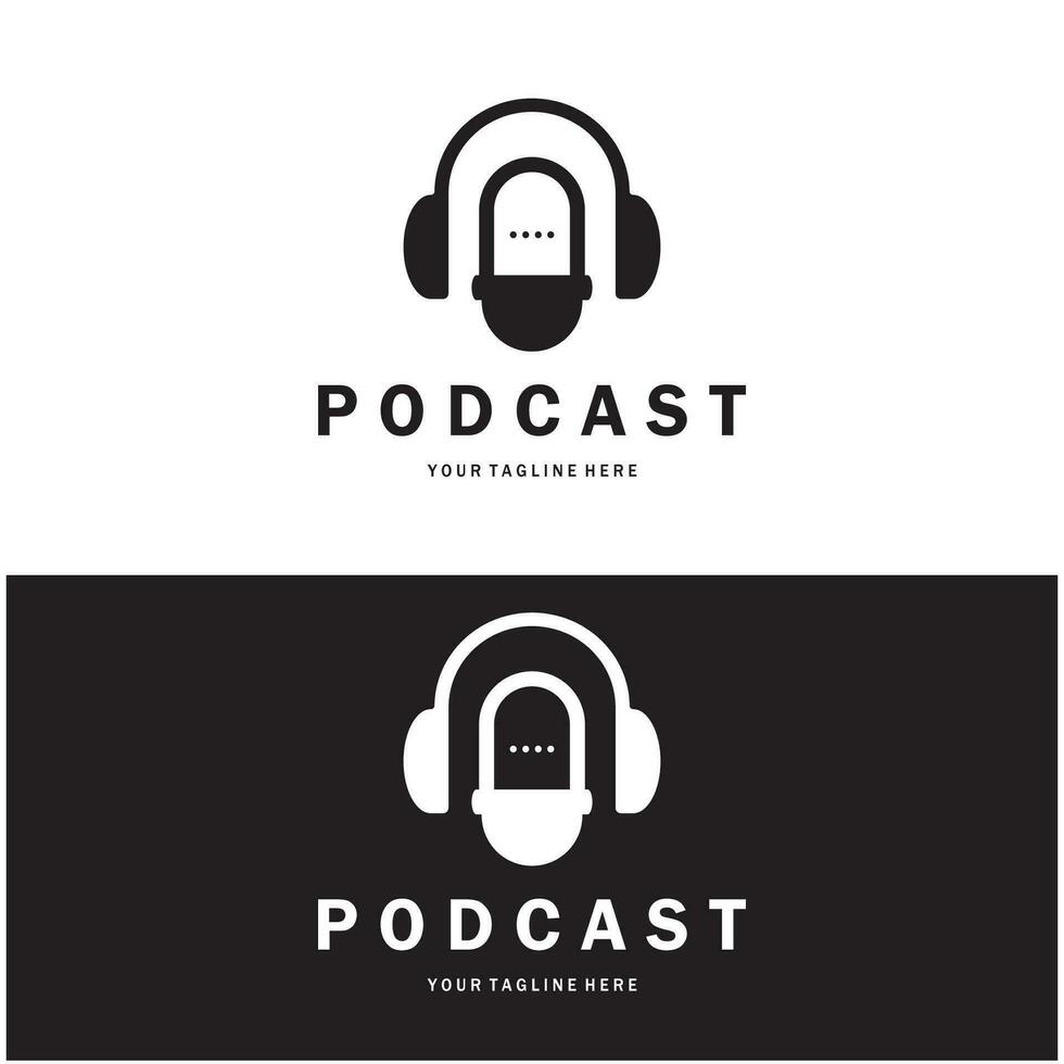 podcast logo con micrófono y auricular audio, radio ondas. para estudio, hablar espectáculo, charlar, información intercambio, entrevista, multimedia y web. vector