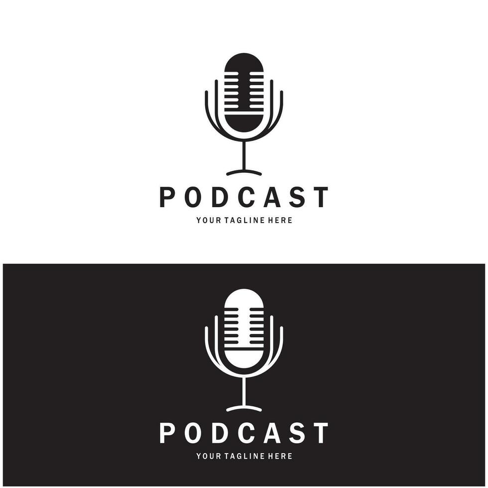 podcast logo with microphone and earphone audio, radio waves. for studio, talk show, chat, information sharing, interview, multimedia and web. vector
