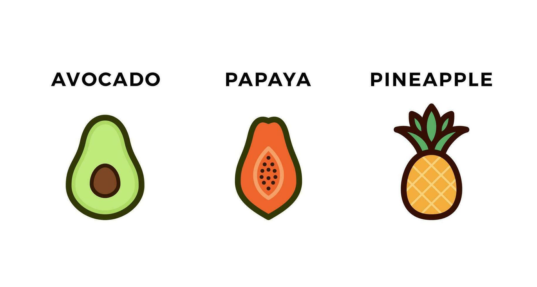 aguacate papaya piña color contorno vector