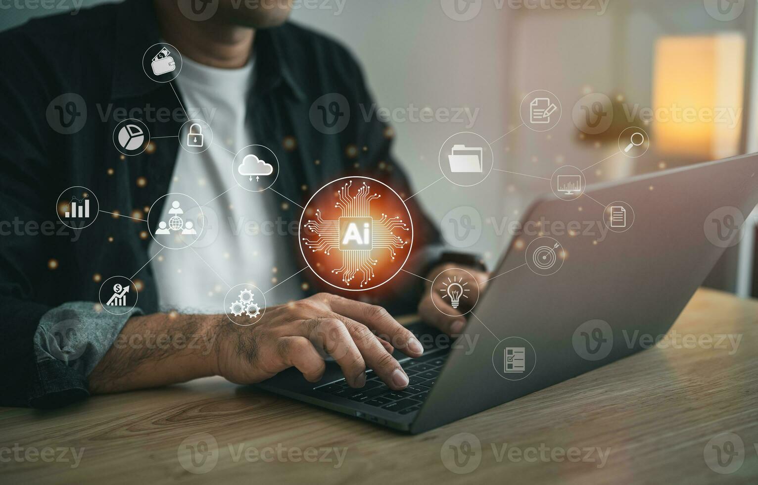 Man using laptop and touch virtual digital Ai network chain. Digital transformation change management, internet of things, smart Ai technology, IoT concepts of business icons smart Internet of Things. photo