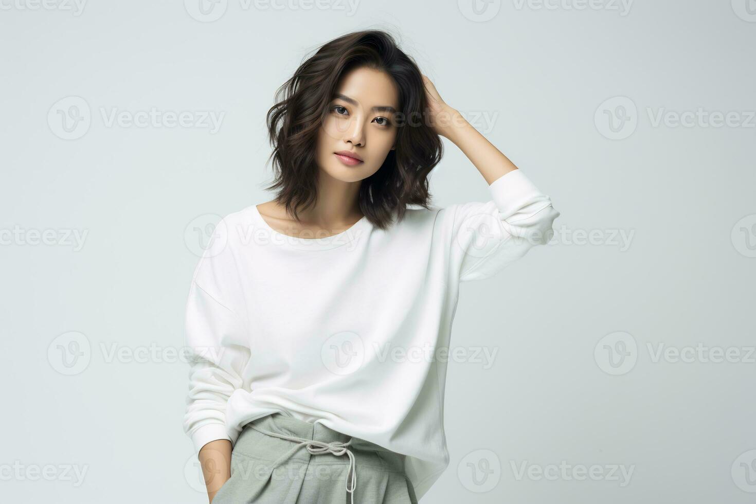 an attractive Asian model in plain solid studio background AI Generative photo