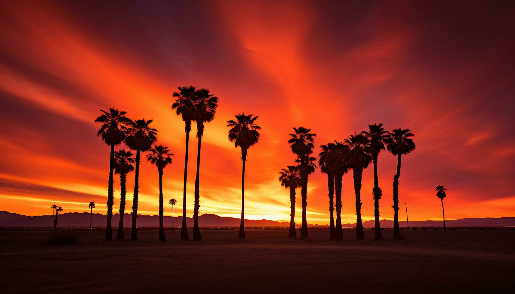 dramatic palm tree silhouette of desert sunset Generative AI photo