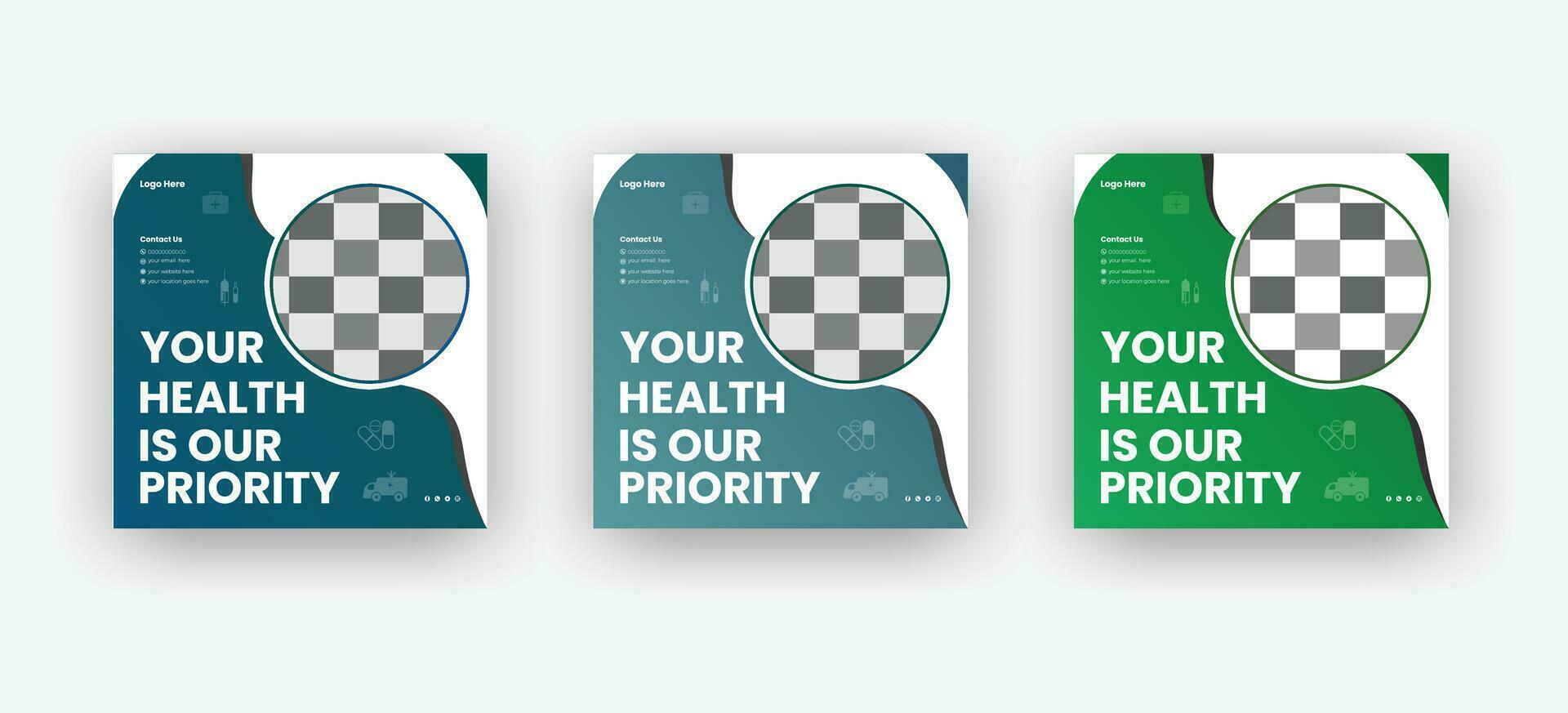 Medical social media post template design set for health, treatment, doctor banner vector